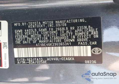 2009 Toyota Camry Le/Se/Xle z USA, uszkodzony, nr VIN 4T1BE46K29U365341